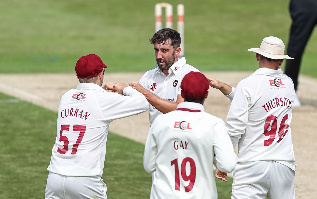 Ben Sanderson celebrates a breakthrough, Northamptonshire v Somerset, Bob Willis Trophy, Day 1, Wantage Road, August 8, 2020