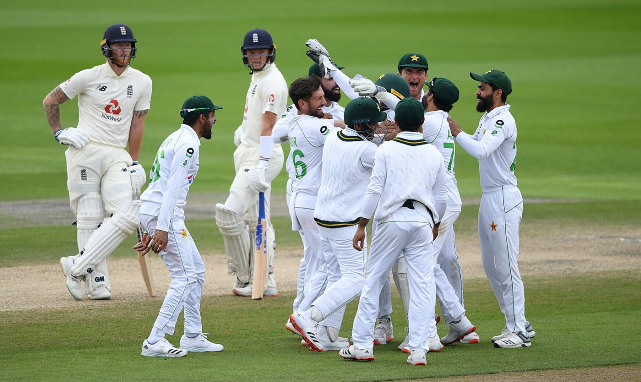 Yasir Shah celebrates the wicket of Ben Stokes on review, England v Pakistan, 1st Test, Old Trafford, 4th day, August 8, 2020