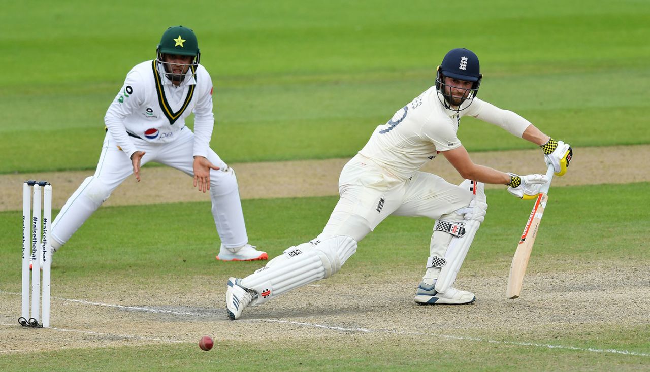 Chris Woakes opens the face to run the ball through third man, England v Pakistan, 1st Test, Old Trafford, 4th day, August 8, 2020