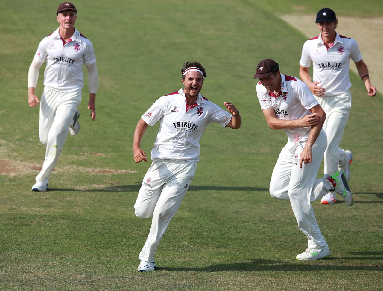 Jack Brooks celebrates with his Somerset team-mates, Northamptonshire v Somerset, Bob Willis Trophy, Day 1, Wantage Road, August 8, 2020