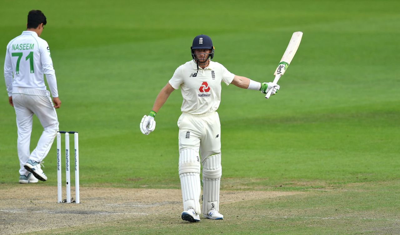 Jos Buttler acknowledges his fifty with a low-key celebration, England v Pakistan, 1st Test, Old Trafford, 4th day, August 8, 2020