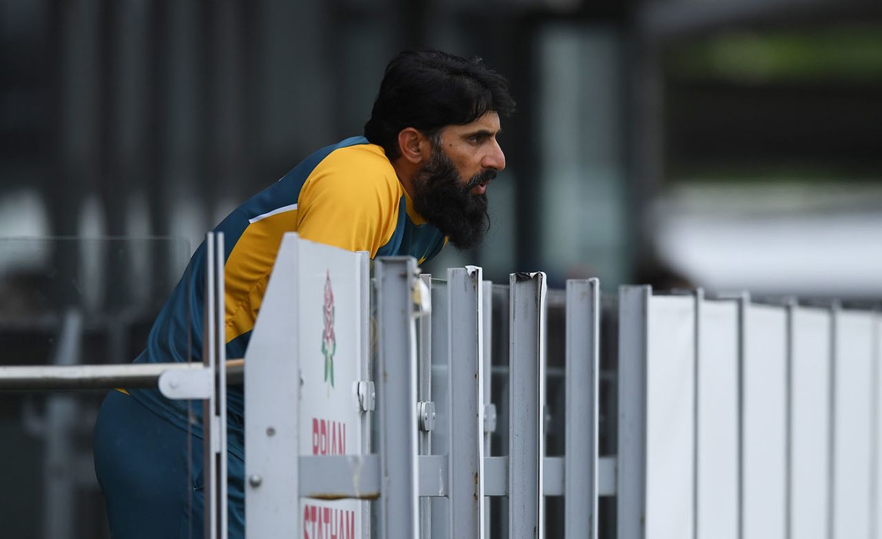 Misbah-ul-Haq watches on from the Pakistan balcony, England v Pakistan, 1st Test, Old Trafford, 4th day, August 8, 2020