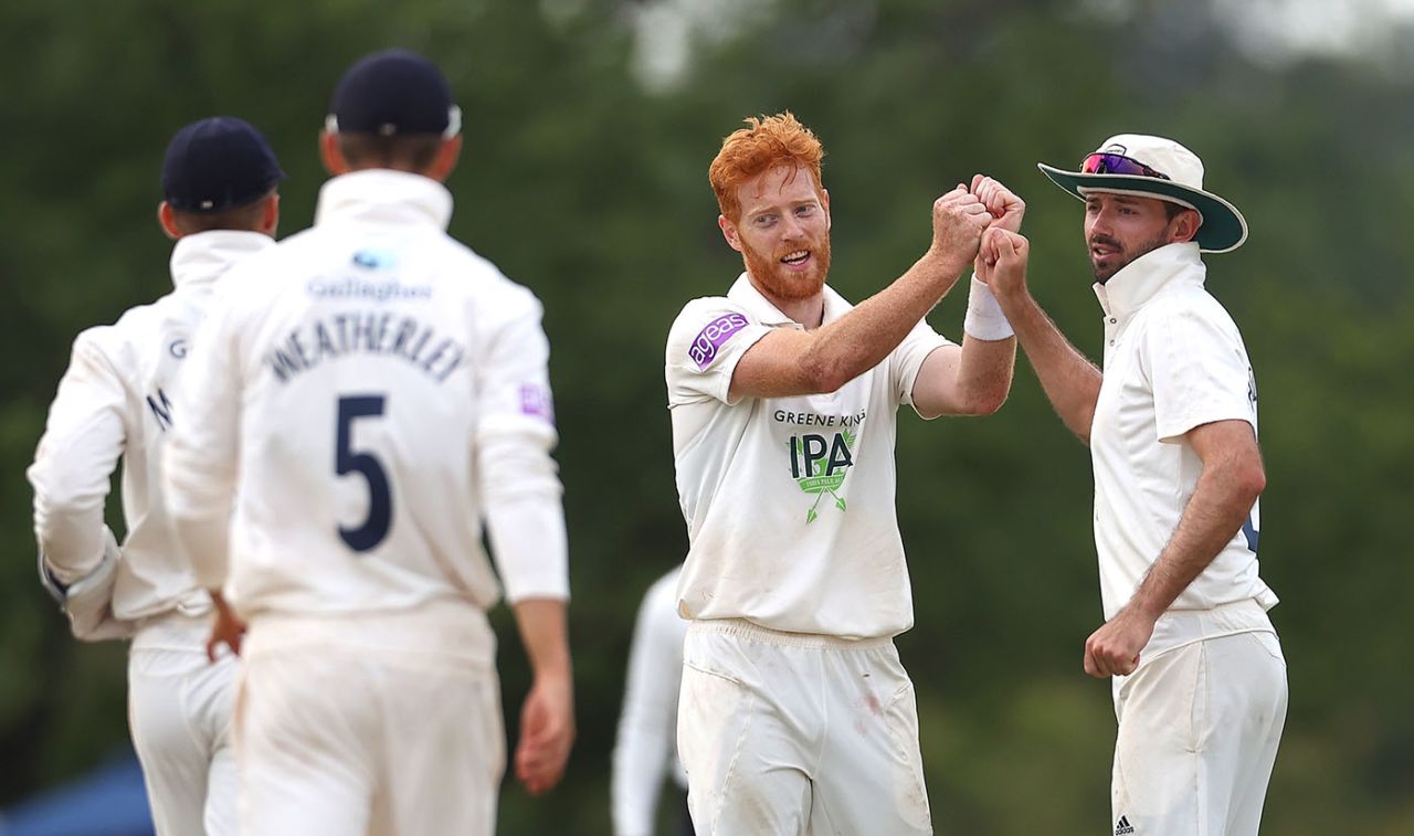 Ryan Stevenson bumps fists with his team-mates, Middlesex v Hampshire, Bob Willis Trophy, 1st day, Radlett, August 8, 2020