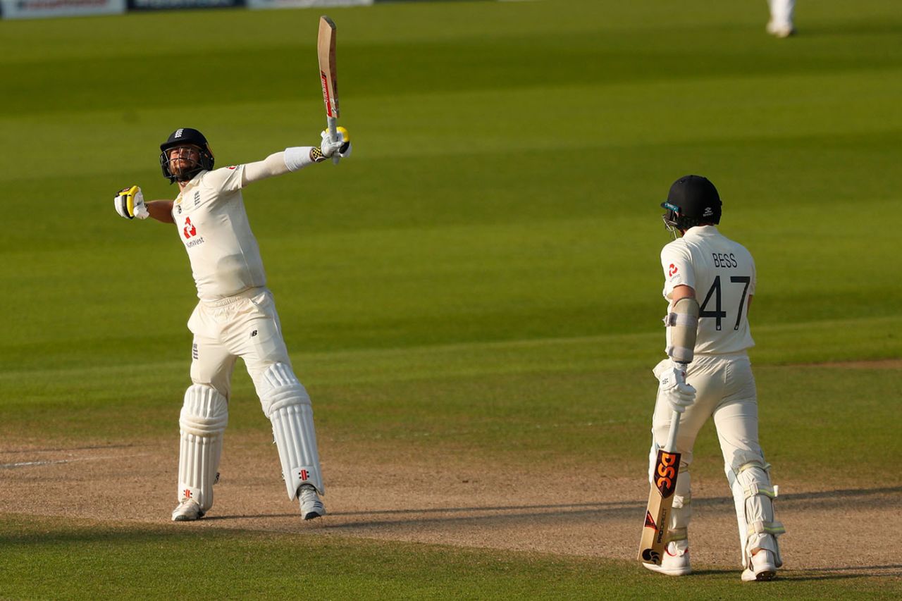 Chris Woakes celebrates the moment of victory, England v Pakistan, 1st Test, Old Trafford, 4th day, August 8, 2020