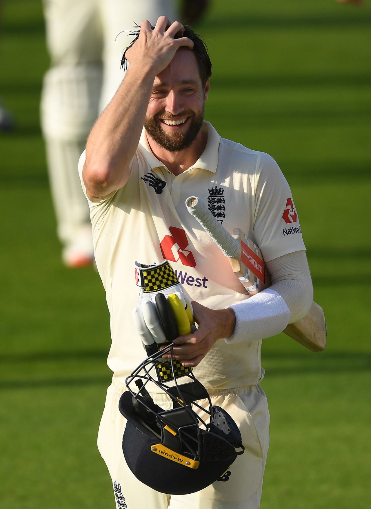 Chris Woakes is elated after playing a big part in England's victory, England v Pakistan, 1st Test, Old Trafford, 4th day, August 8, 2020