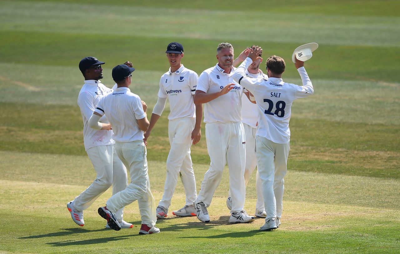 Mitch Claydon is congratulated on the making the breakthrough, Kent v Sussex, Bob Willis Trophy, Canterbury, 2nd day, August 9, 2020
