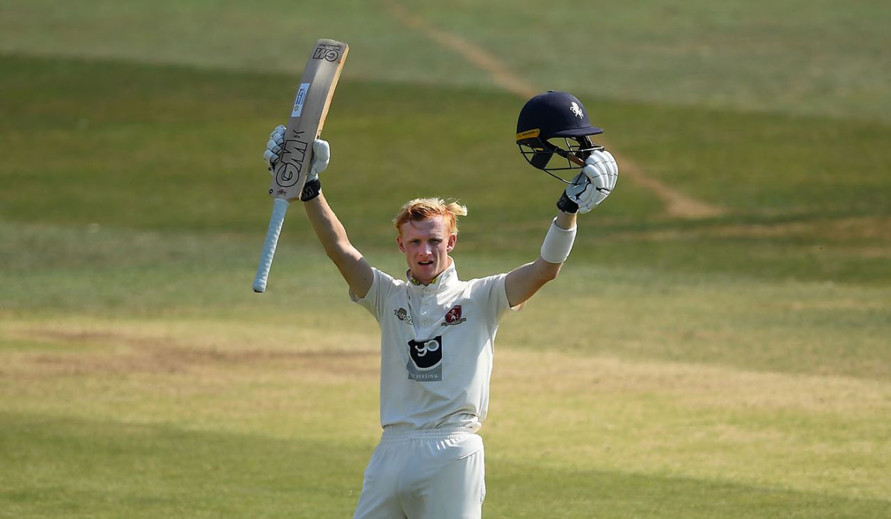 Jordan Cox celebrates his maiden first-class hundred, Kent v Sussex, Bob Willis Trophy, Canterbury, 2nd day, August 9, 2020