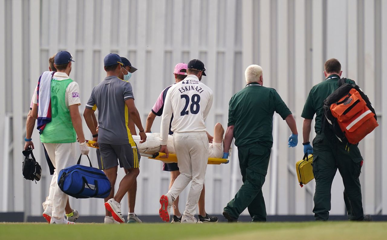Liam Dawson is stretchered off after sustaining an ankle injury, Middlesex v Hampshire, Radlett, August 9, 2020