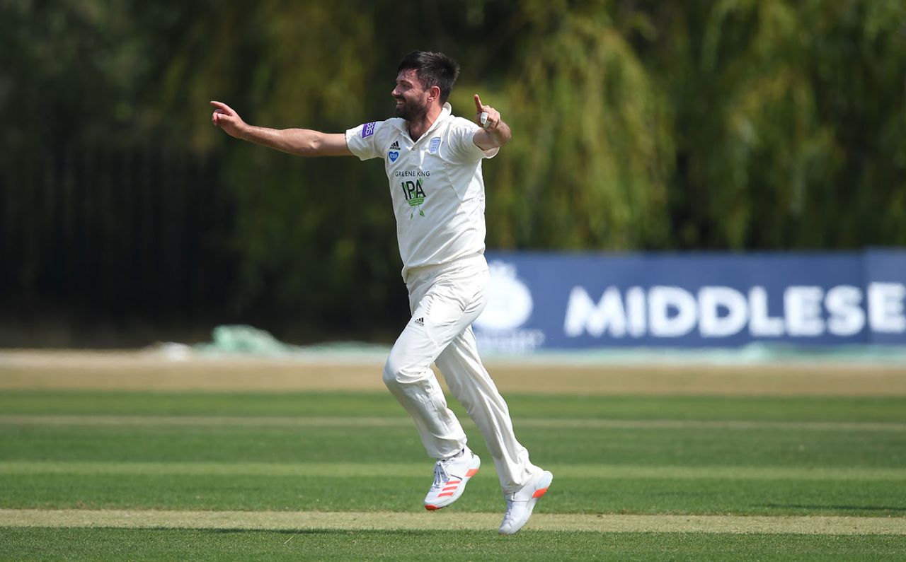 Ian Holland celebrates a wicket, Middlesex v Hampshire, Bob Willis Trophy, 3rd day, Radlett, August 10, 2020