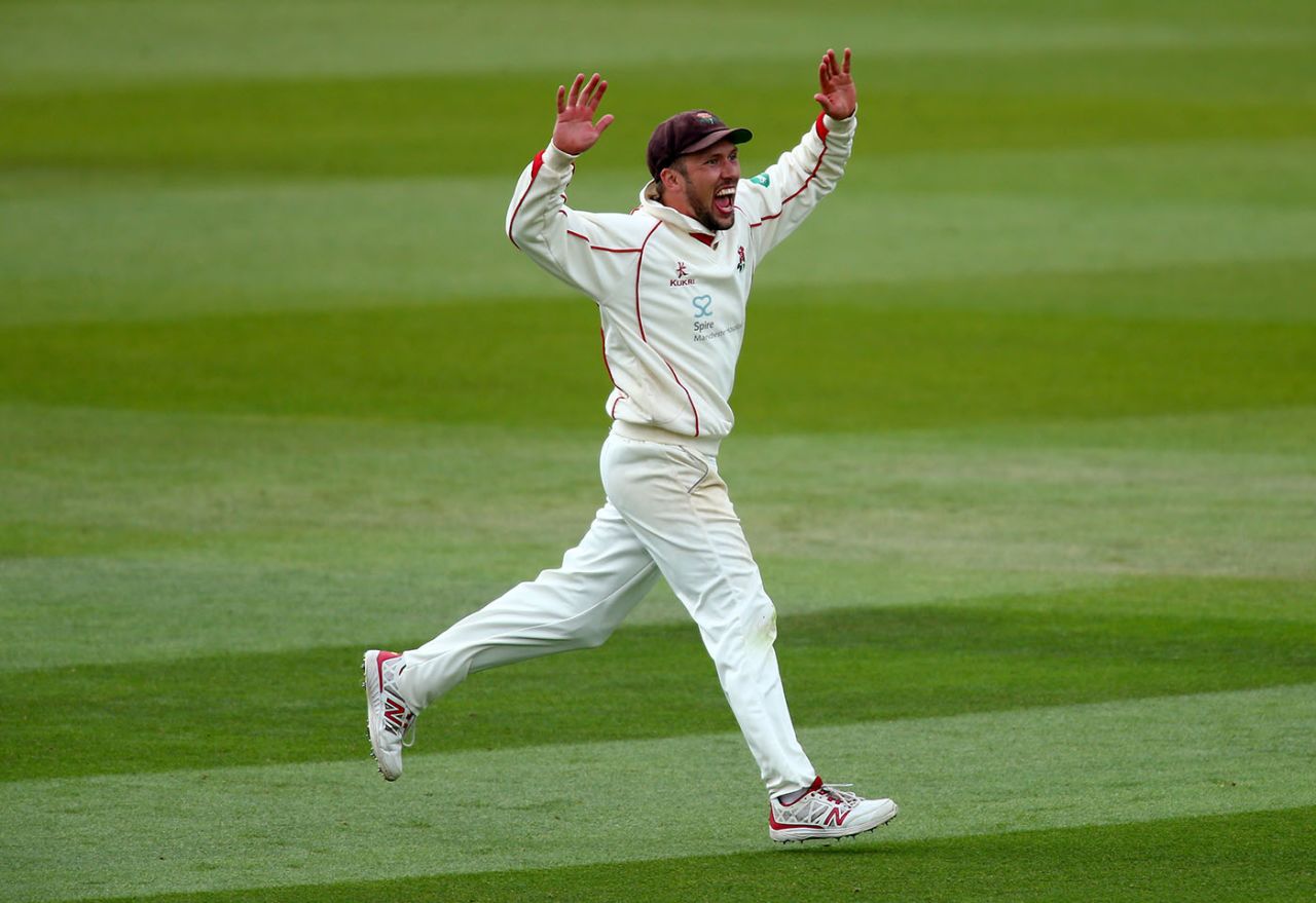 Simon Kerrigan celebrates a wicket, Surrey v Lancashire, County Championship, Division One, The Oval, 1st day, April 14, 2017