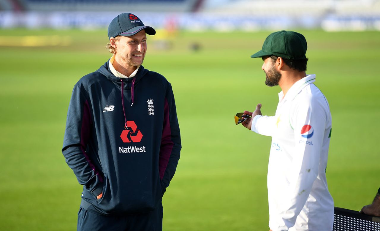 Joe Root shares a joke with Azhar Ali, England v Pakistan, 1st Test, Old Trafford, 4th day, August 8, 2020