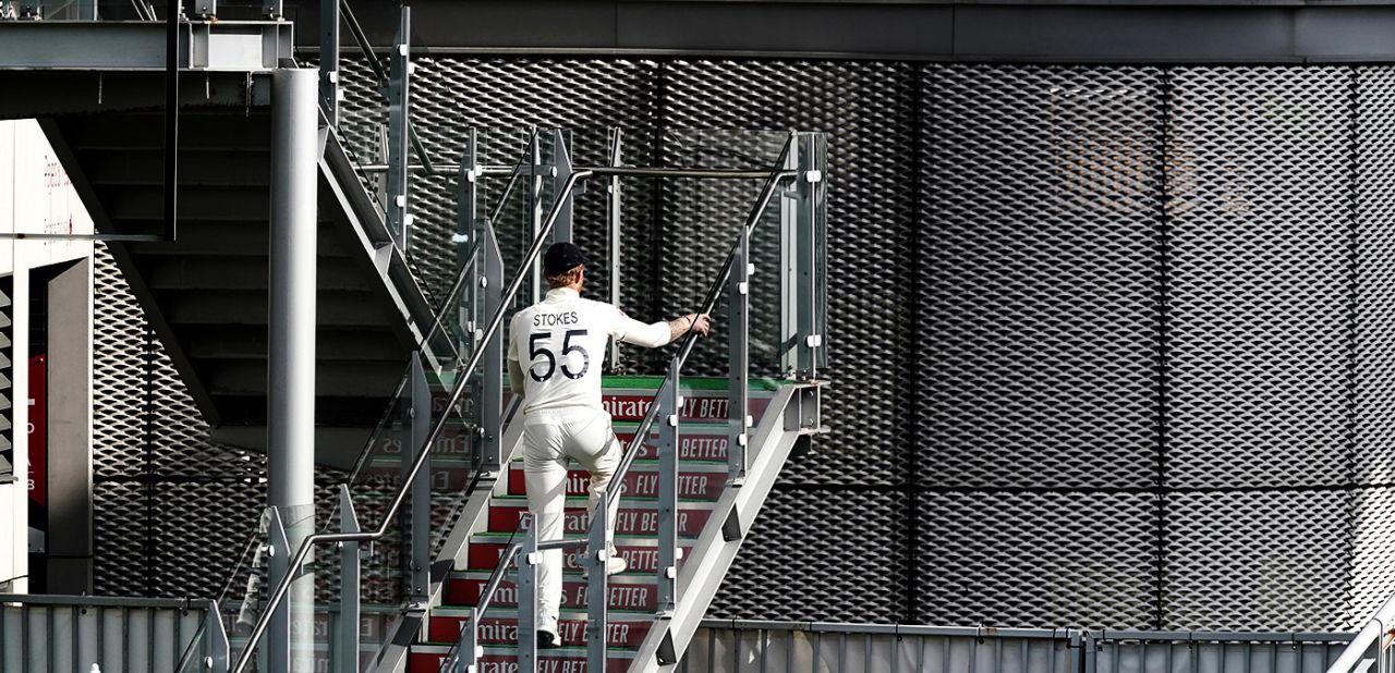Ben Stokes climbs the stairs up to the dressing room, England v West Indies, 2nd Test, Emirates Old Trafford, 4th day, July 19, 2020