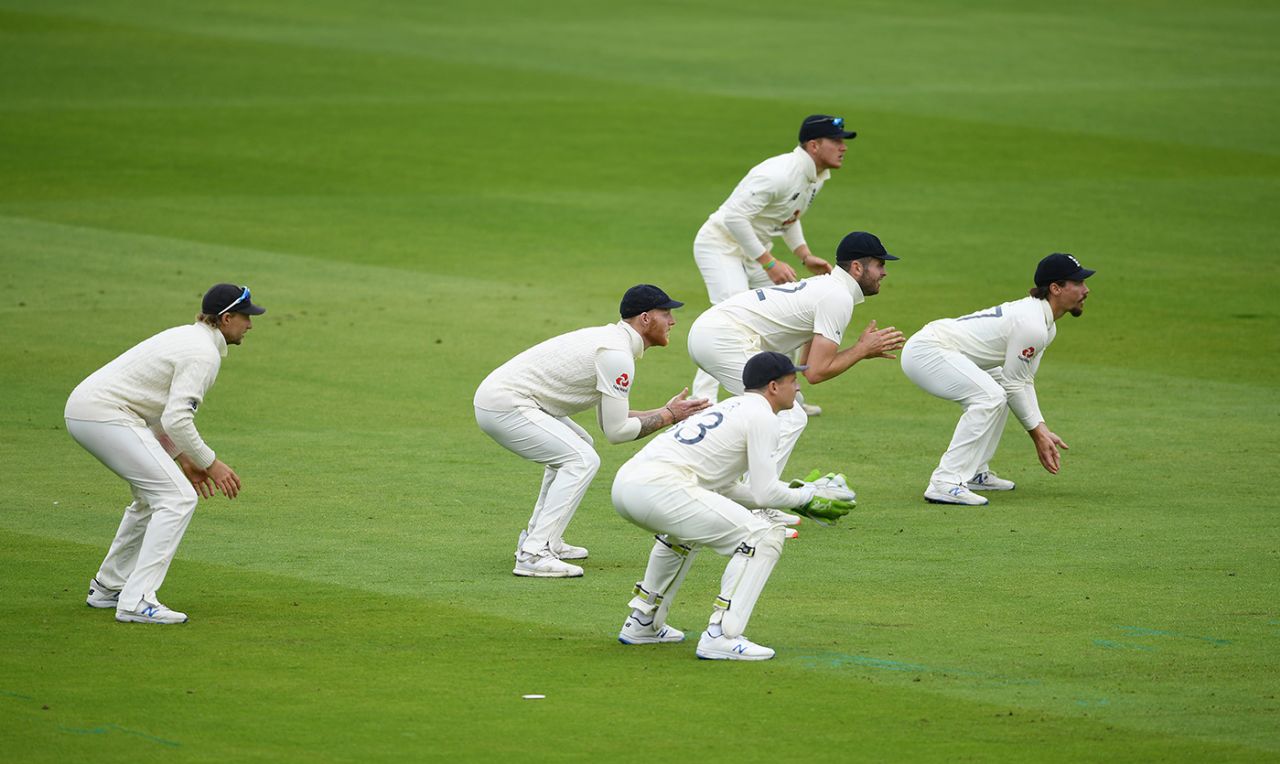 The England slip cordon: (from left) Joe Root, Jos Buttler (keeping), Ben Stokes, Dom Sibley, Rory Burns and Dom Bess, England v Pakistan, 1st Test, Old Trafford, August 5, 2020