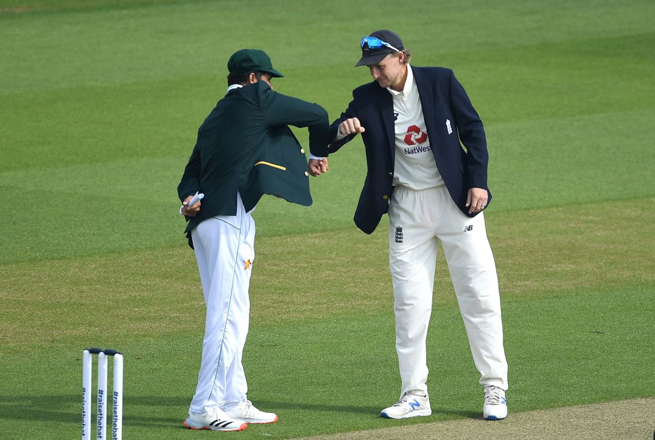 Azhar Ali and Joe Root bump elbows at the toss, England v Pakistan, Ageas Bowl, 2nd Test, 1st day, August 13, 2020