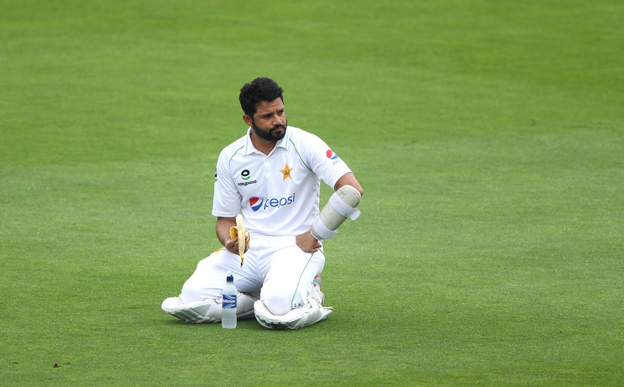 Azhar Ali mulls the situation at the drinks break, England v Pakistan, Ageas Bowl, 2nd Test, 1st day, August 13, 2020