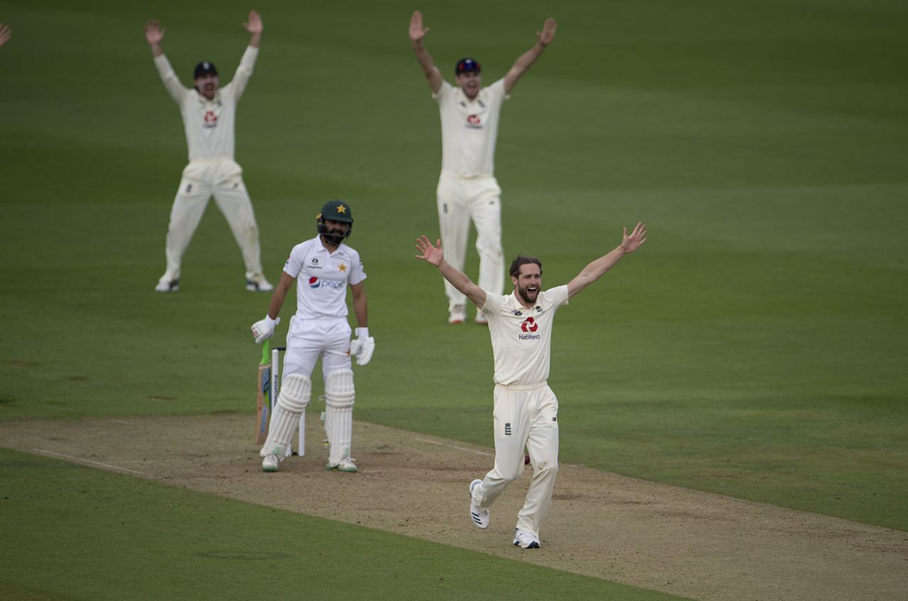 Chris Woakes appeals for the wicket of Fawad Alam, England v Pakistan, Ageas Bowl, 2nd Test, 1st day, August 13, 2020
