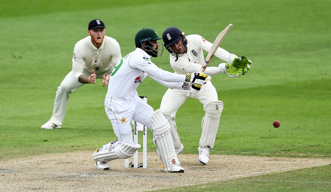 Shadab Khan pulls the ball behind square watched by Jos Buttler and Ben Stokes, England v Pakistan, 1st Test, Old Trafford, 2nd day, August 6, 2020