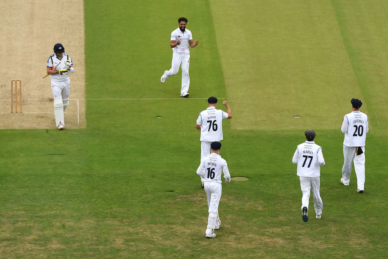 Anuj Dal celebrates his dismissal of Jonny Bairstow, Yorkshire v Derbyshire, Bob Willis Trophy, Headingley, August 15, 2020