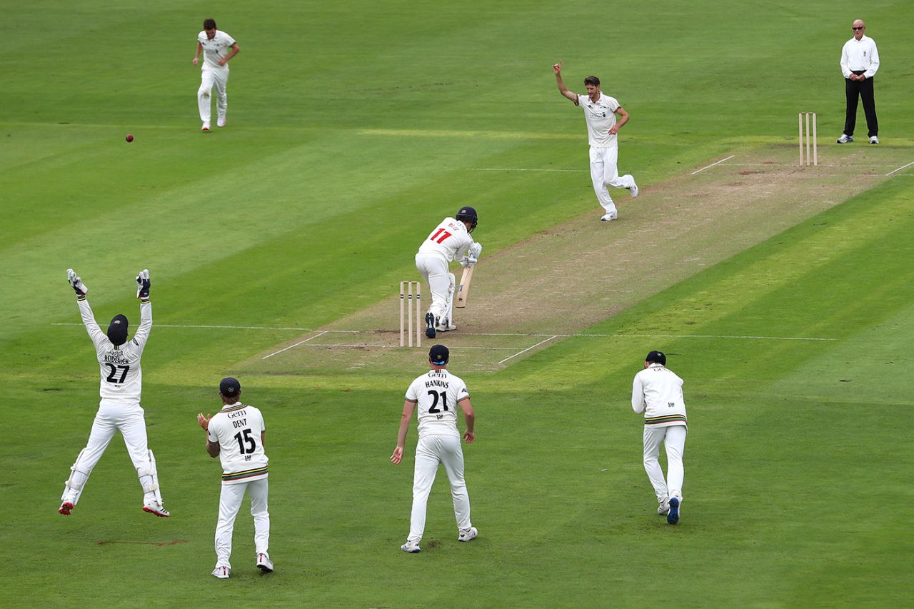 Kieran Bull of Glamorgan is caught by Gloucestershire wicketkeeper Gareth Roderick off the bowling of David Payne, Bob Willis Trophy Central Group, Glamorgan v Gloucestershire, day 3, Sophia Gardens, August 17, 2020