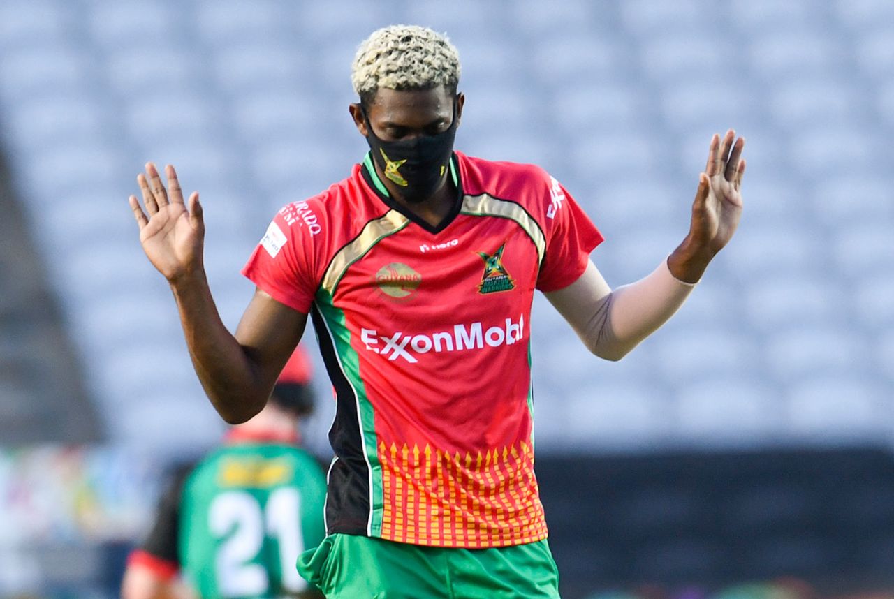 Keemo Paul celebrates one of his four wickets, Guyana Amazon Warriors v St Kitts and Nevis Patriots, CPL 2020, Trinidad, August 19, 2020