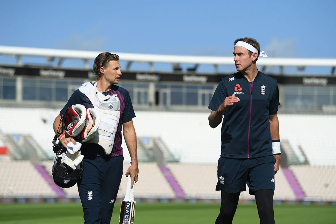Joe Root and Stuart Broad head to net practice, Ageas Bowl, August 20, 2020