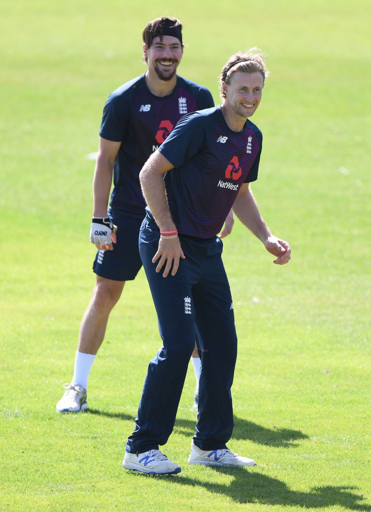 Rory Burns and Joe Root share a joke during a fielding drill, Ageas Bowl, August 20, 2020