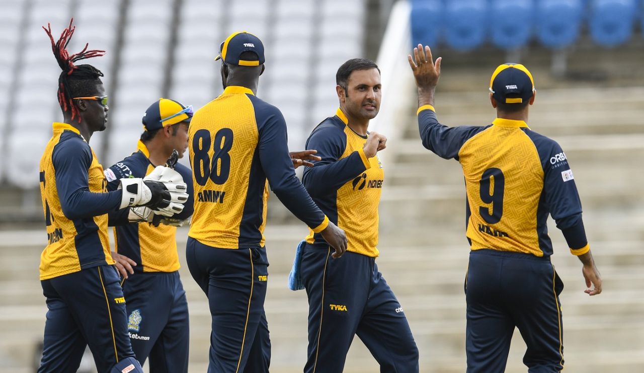 Mohammad Nabi celebrates the dismissal of Shai Hope, St Lucia Zouks v Barbados Tridents, Trinidad, August 20, 2020