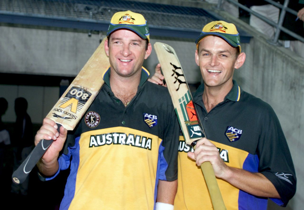Mark Waugh and Adam Gilchrist celebrate their record ODI partnership, third ODI, Australia v West Indies, Carlton Series, Brisbane, Australia, January 14, 2001