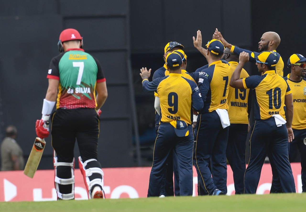 Roston Chase is congratulated after dismissing Joshua Da Silva, St Lucia Zouks v St Kitts and Nevis Patriots, CPL 2020, Brian Lara Stadium, August 22, 2020
