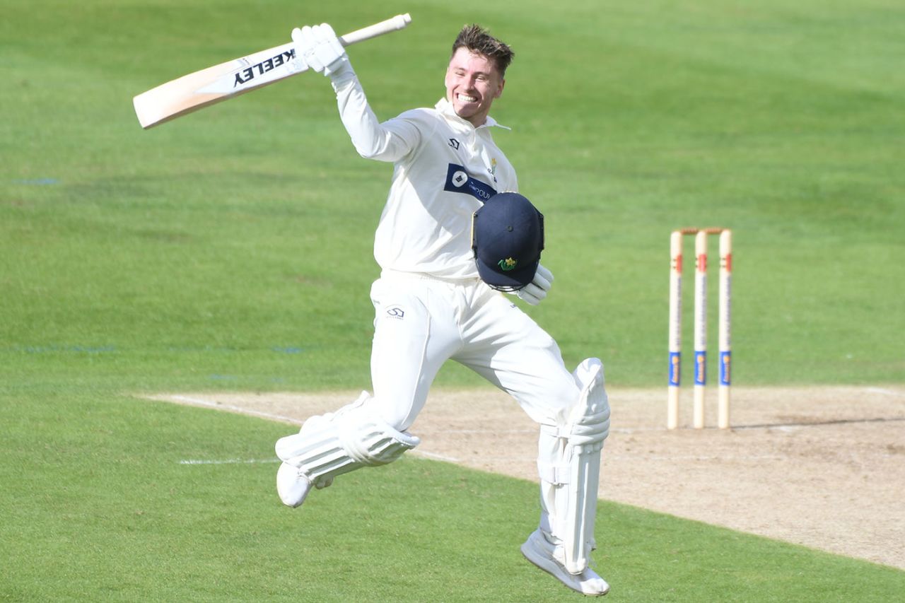 Callum Taylor celebrates after bringing up his hundred on first-class debut, Northamptonshire v Glamorgan, Bob Willis Trophy, 1st day, Wantage Road, August 22, 2020