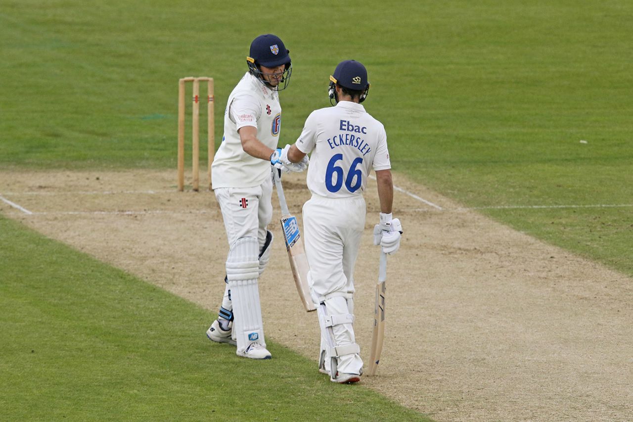 Ned Eckersley and Paul Coughlin tough gloves during their 157-run stand, day 2, Bob Willis Trophy, Derbyshire v Durham, Emirates Riverside, August 23, 2020