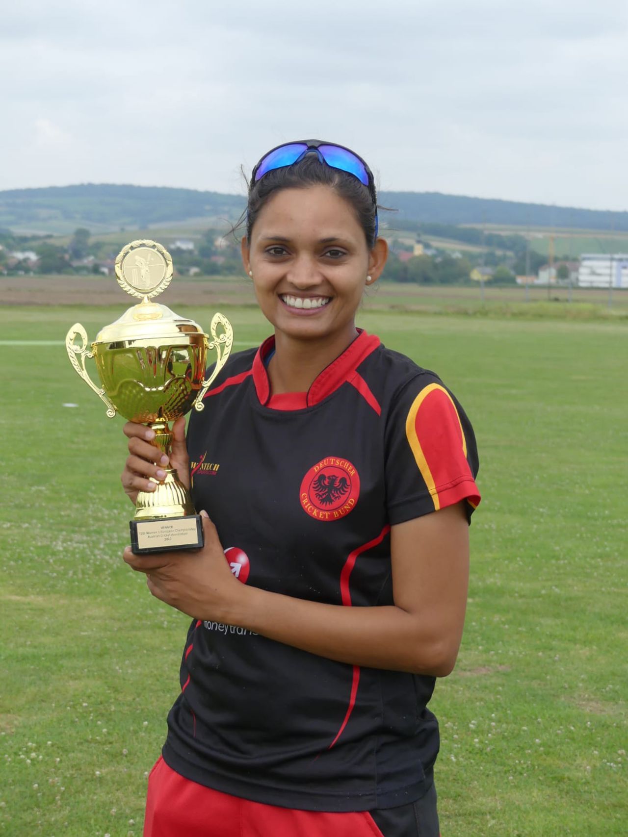 Anuradha Doddaballapur poses with the trophy, Austria v Germany, fifth T20I, Lower Austria, August 15, 2020
