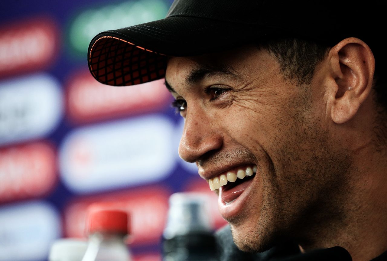 Ross Taylor laughs during a press conference, Chester-le-Street, July 2, 2019