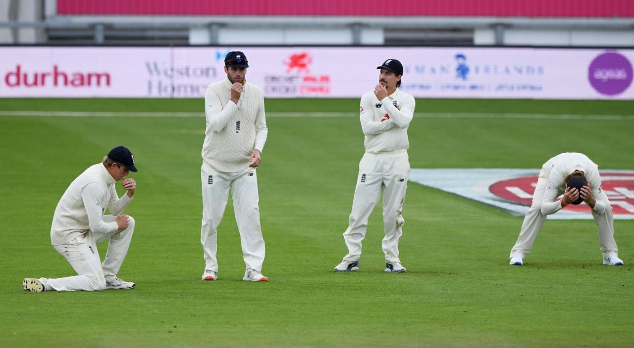 The slip cordon of Zak Crawley, Dom Sibley, Rory Burns and Joe Root can't quite believe that yet another chance has gone down, England v Pakistan, 3rd Test, Southampton, 3rd day, August 23, 2020