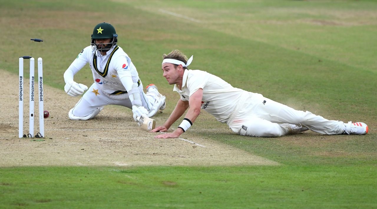 A bit of a tangle as Stuart Broad runs down in his follow through to try to run Azhar Ali out, England v Pakistan, 3rd Test, Southampton, 3rd day, August 23, 2020