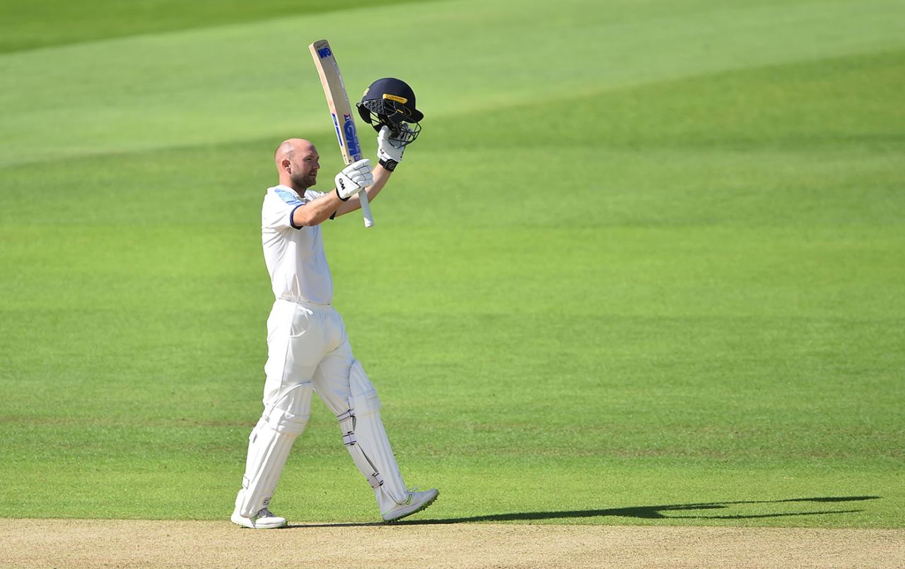 Adam Lyth acknowledges his hundred, Yorkshire v Lancashire, Headingley, 3rd day, Bob Willis Trophy, August 24, 2020