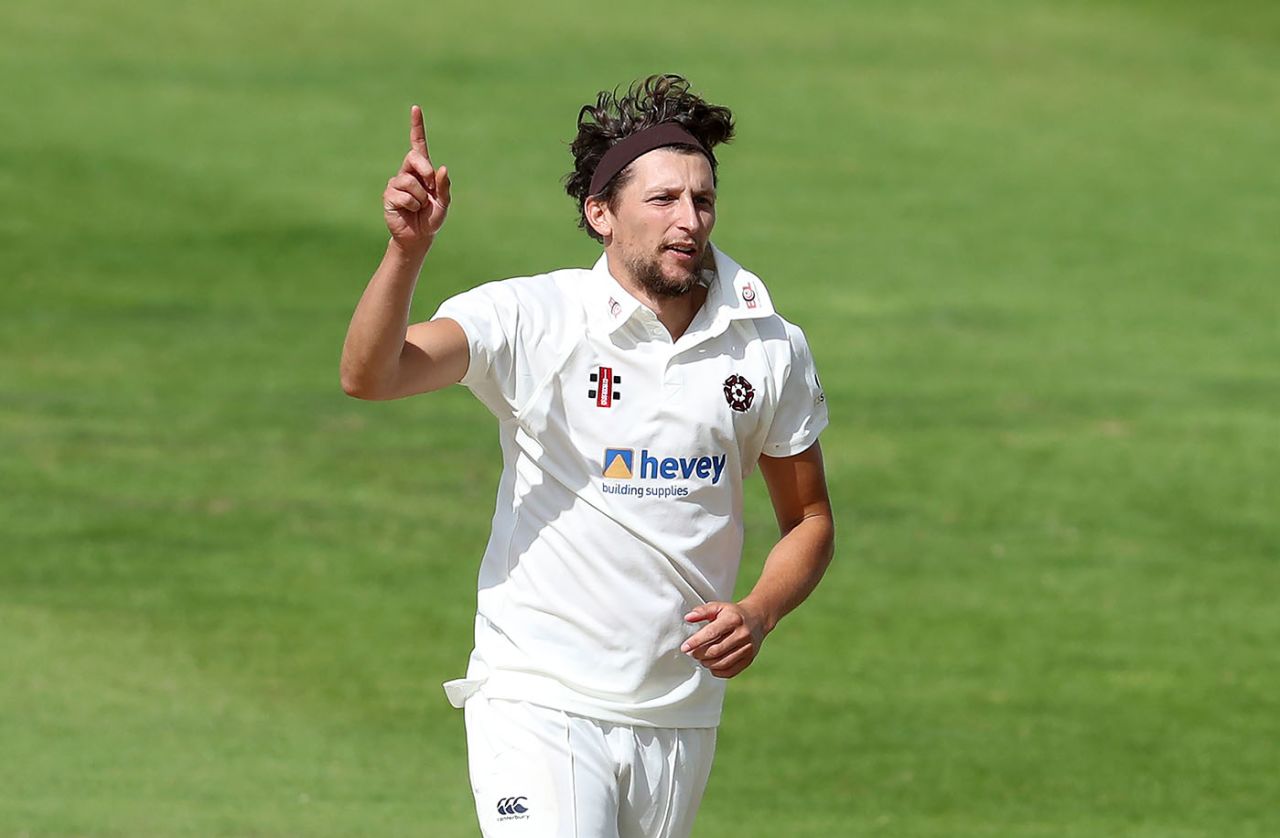 Jack White celebrates another scalp, Northamptonshire v Glamorgan, Wantage Road, 3rd day, Bob Willis Trophy, August 24, 2020