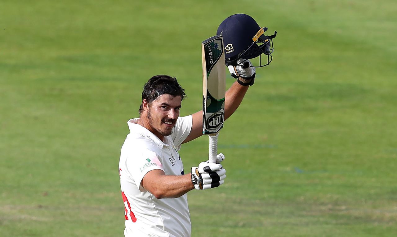 Marchant de Lange celebrates his maiden first-class hundred, Northamptonshire v Glamorgan, Bob Willis Trophy, Wantage Road, August 24, 2020