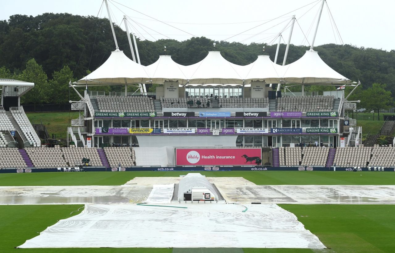 The covers were on but the rain on Day 5 morning was persistent, England v Pakistan, 3rd Test, Southampton, 5th day, August 25, 2020