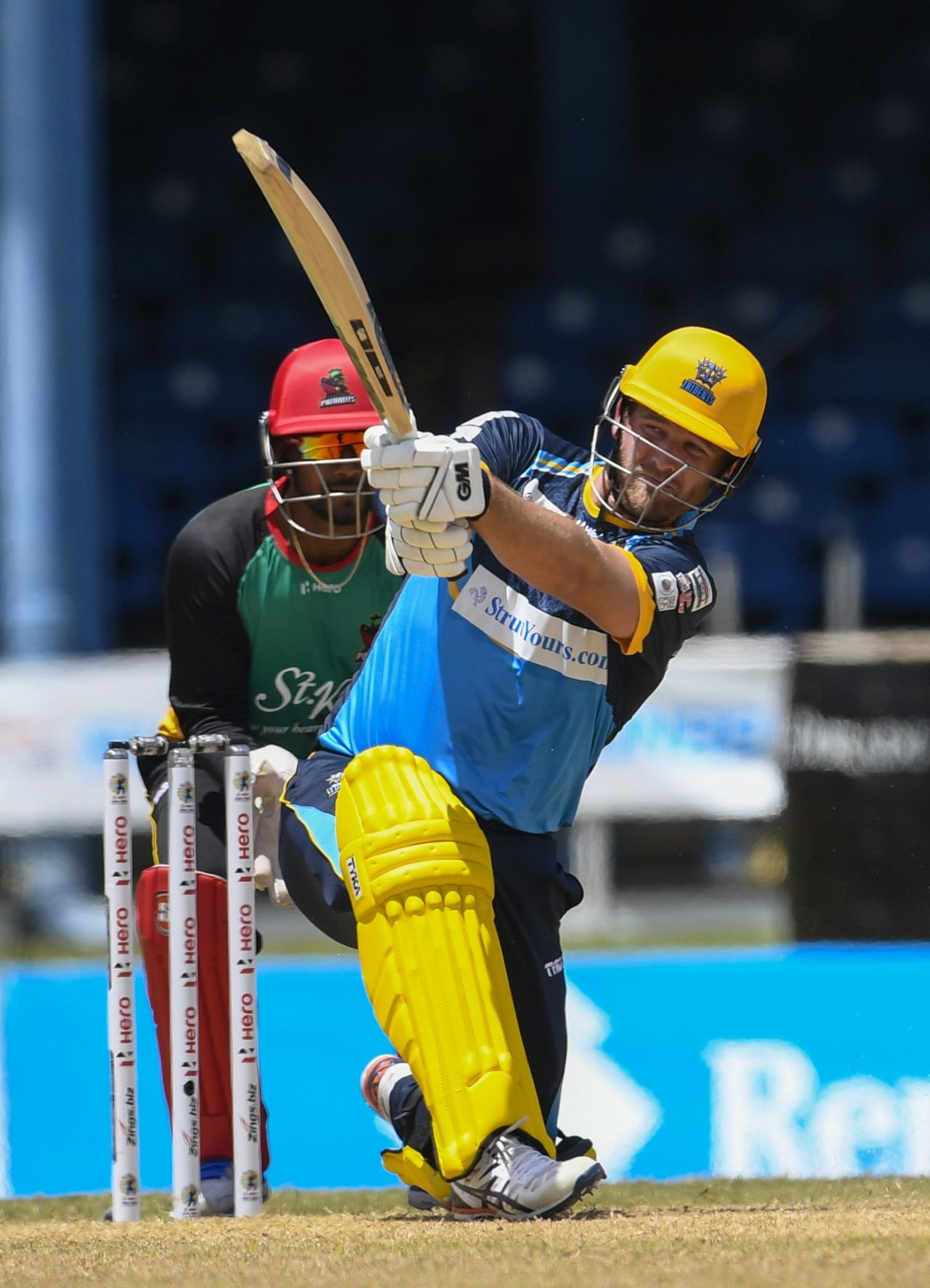 Corey Anderson rolls out a slog-sweep, Barbados Tridents v St Kitts & Nevis Patriots, Queen's Park Oval, CPL 2020, August 25, 2020