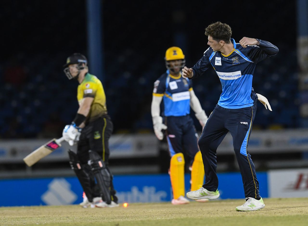 Mitchell Santner dismissed compatriot Glenn Phillips in the first over of the chase, Jamaica Tallawahs v Barbados Tridents, Port-of-Spain, CPL, August 26, 2020