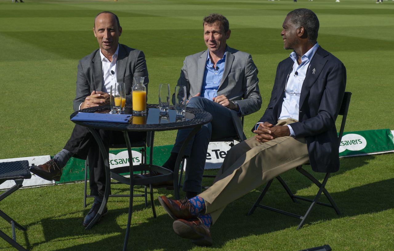 Nasser Hussain, Michael Atherton and Michael Holding during the fourth Test, England v India, Ageas Bowl, Southampton, September 2, 2018 