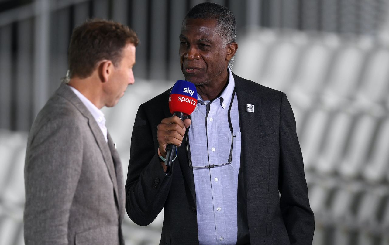 Michael Holding and Michael Atherton on commentary duty, day one, England v West Indies, second Test, Old Trafford, Manchester, July 16, 2020