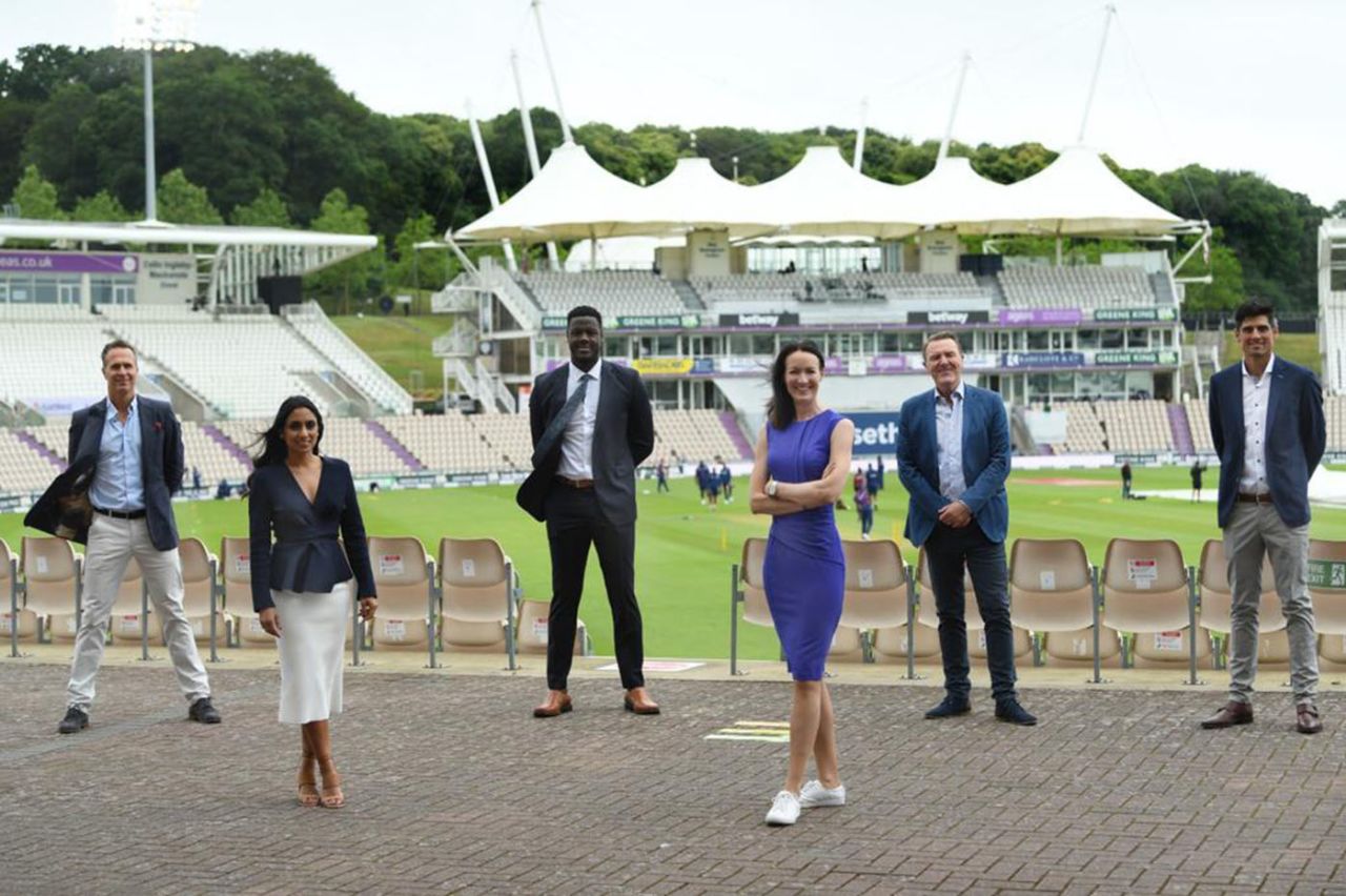 Isa Guha, front left, took over as the BBC's lead cricket presenter this summer, Ageas Bowl
