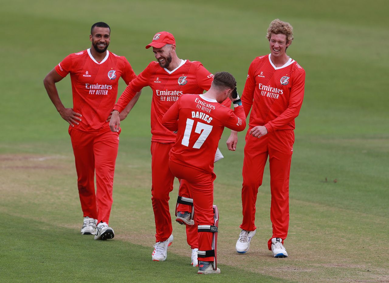 Tom Bailey celebrates a breakthrough, Leicestershire v Lancashire, Vitality Blast, Grace Road, August 29, 2020