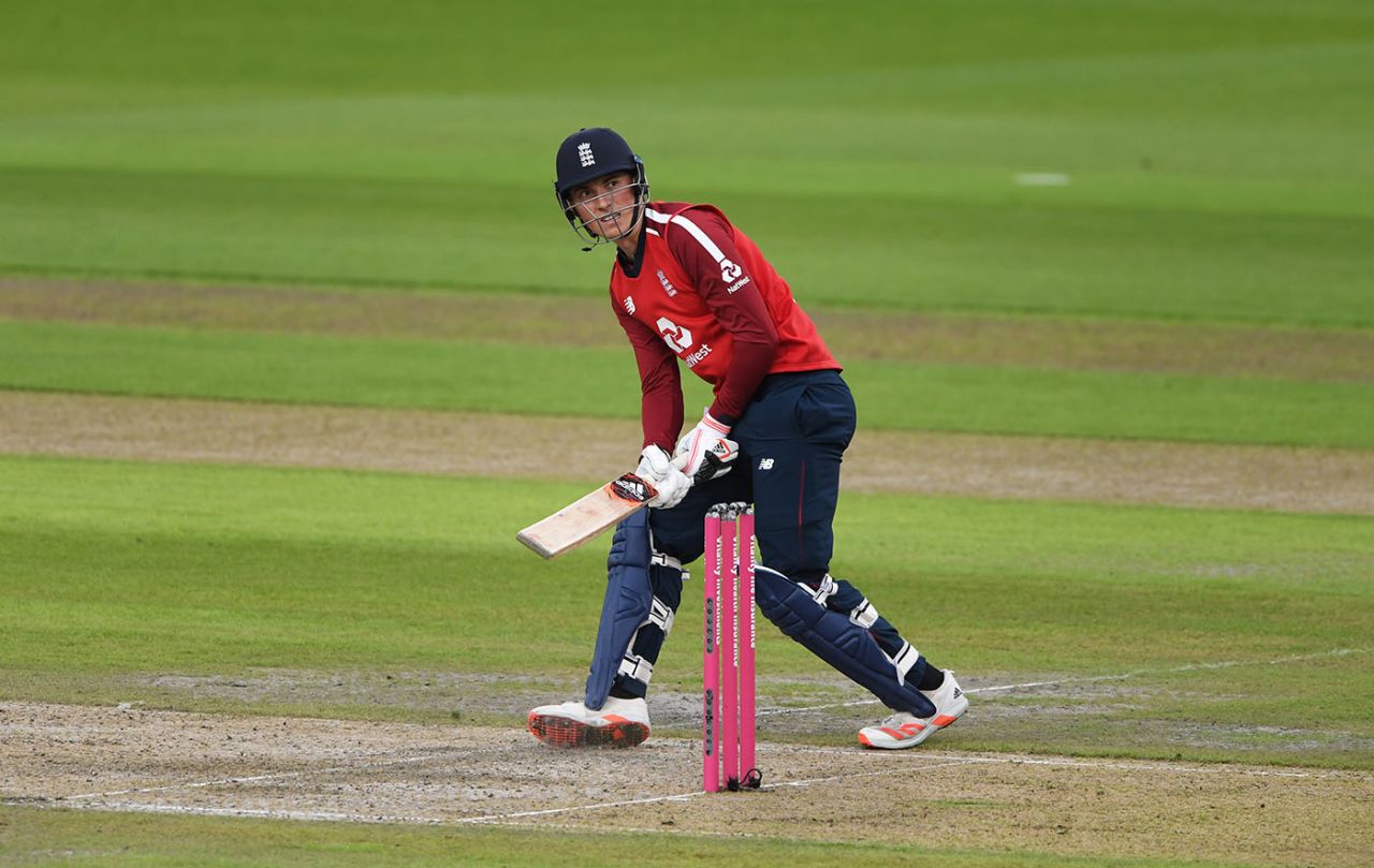 Tom Banton admires his scoop shot, England v Pakistan, 1st T20I, Old Trafford, August 28, 2020