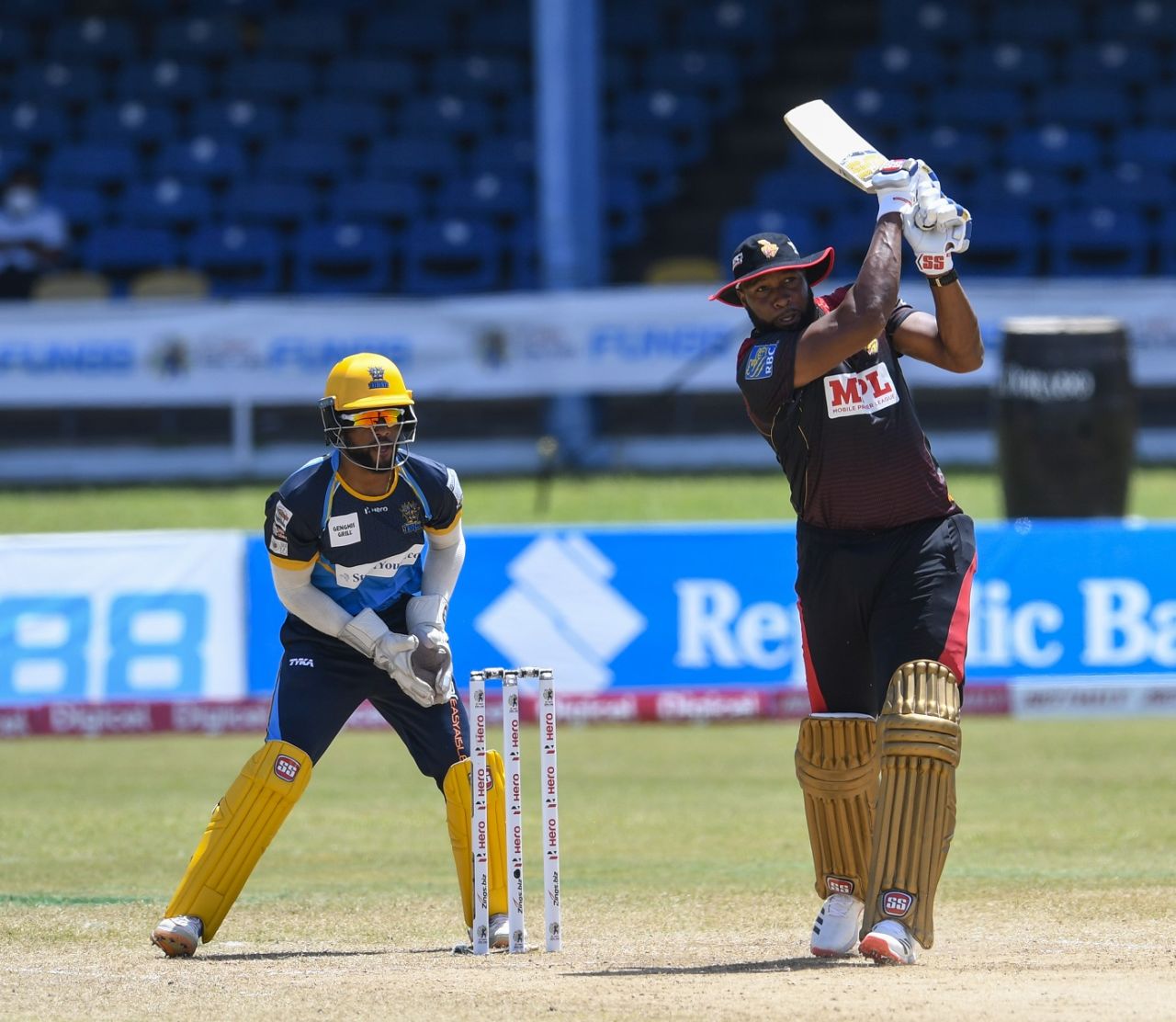 Kieron Pollard launches one over the ropes, Trinbago Knight Riders v Barbados Tridents, Queen's Park Oval, CPL 2020, August 29, 2020