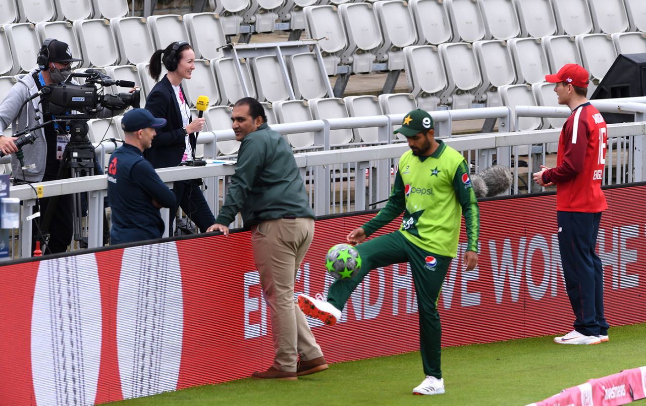 Babar Azam kicks a football around while waiting to be interviewed, England v Pakistan, 2nd T20I, Old Trafford, August 30, 2020
