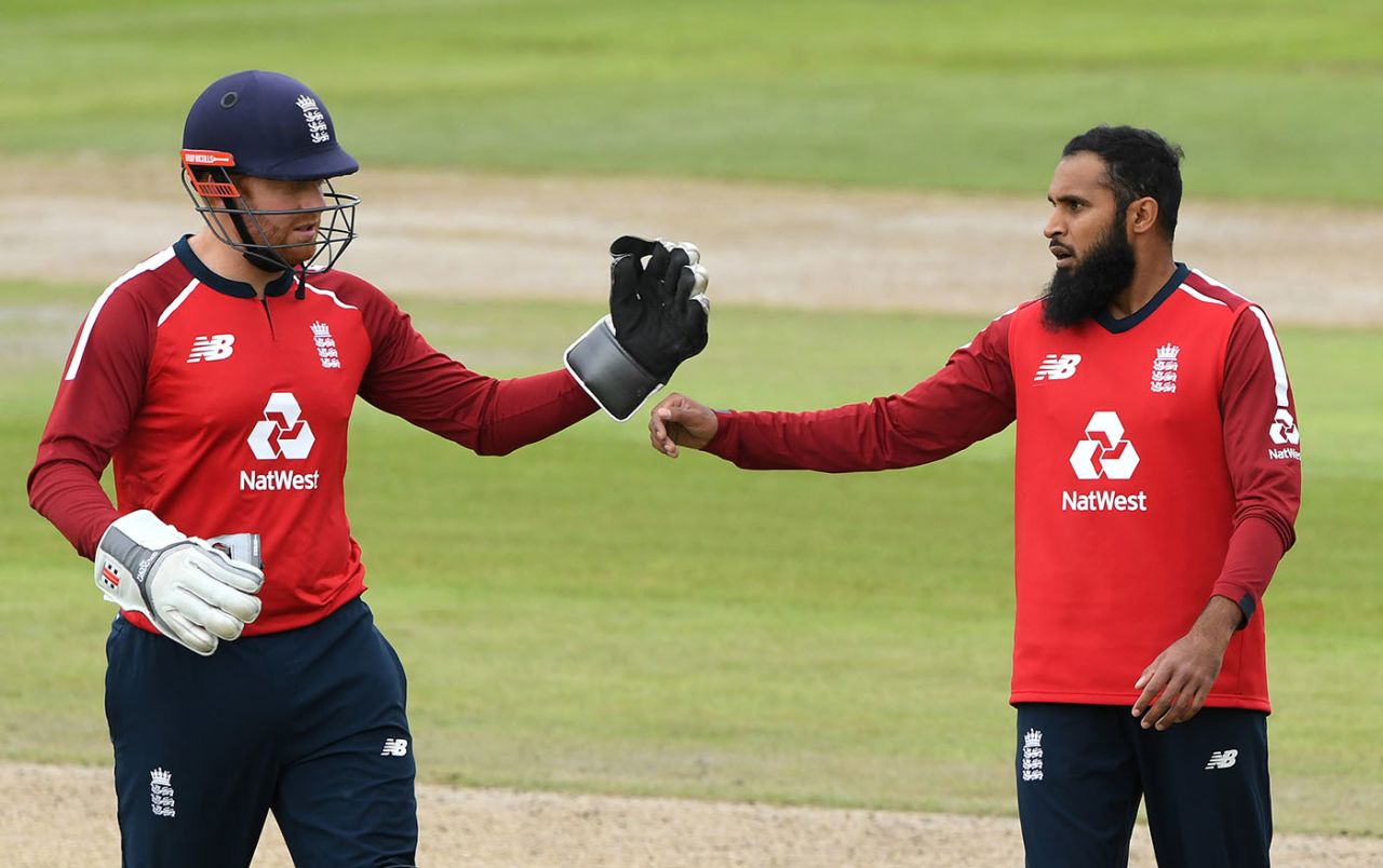 Adil Rashid and Jonny Bairstow celebrate the wicket of Fakhar Zaman, England v Pakistan, 2nd T20I, Old Trafford, August 30, 2020