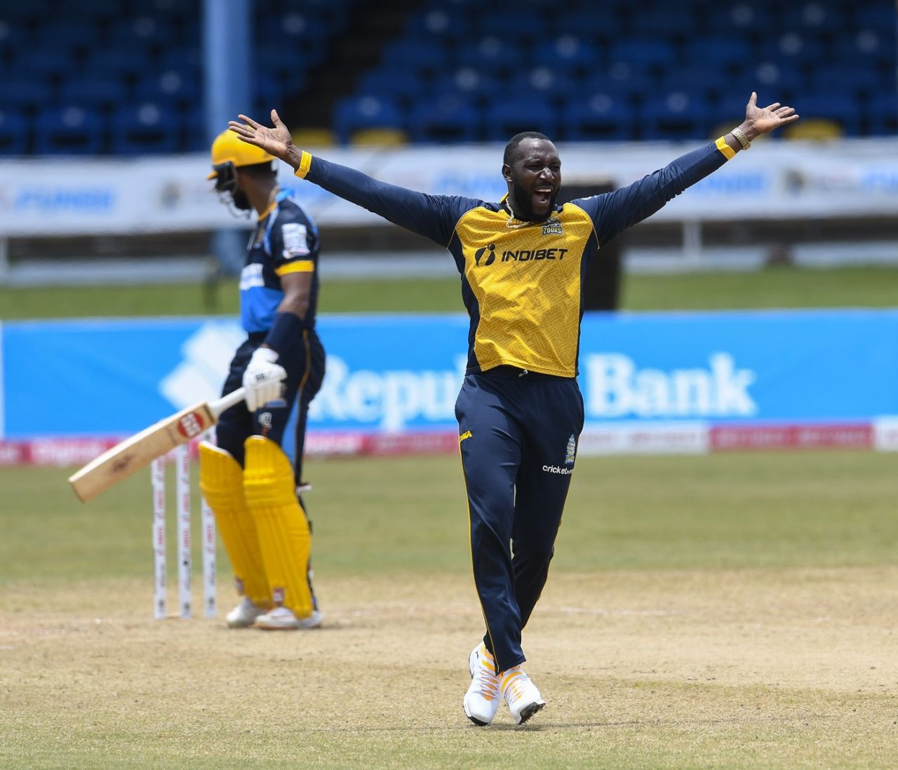 Kesrick Williams appeals successfully for the wicket of Shai Hope, Barbados Tridents v St Lucia Zouks, CPL 2020, Port Of Spain, August 30, 2020